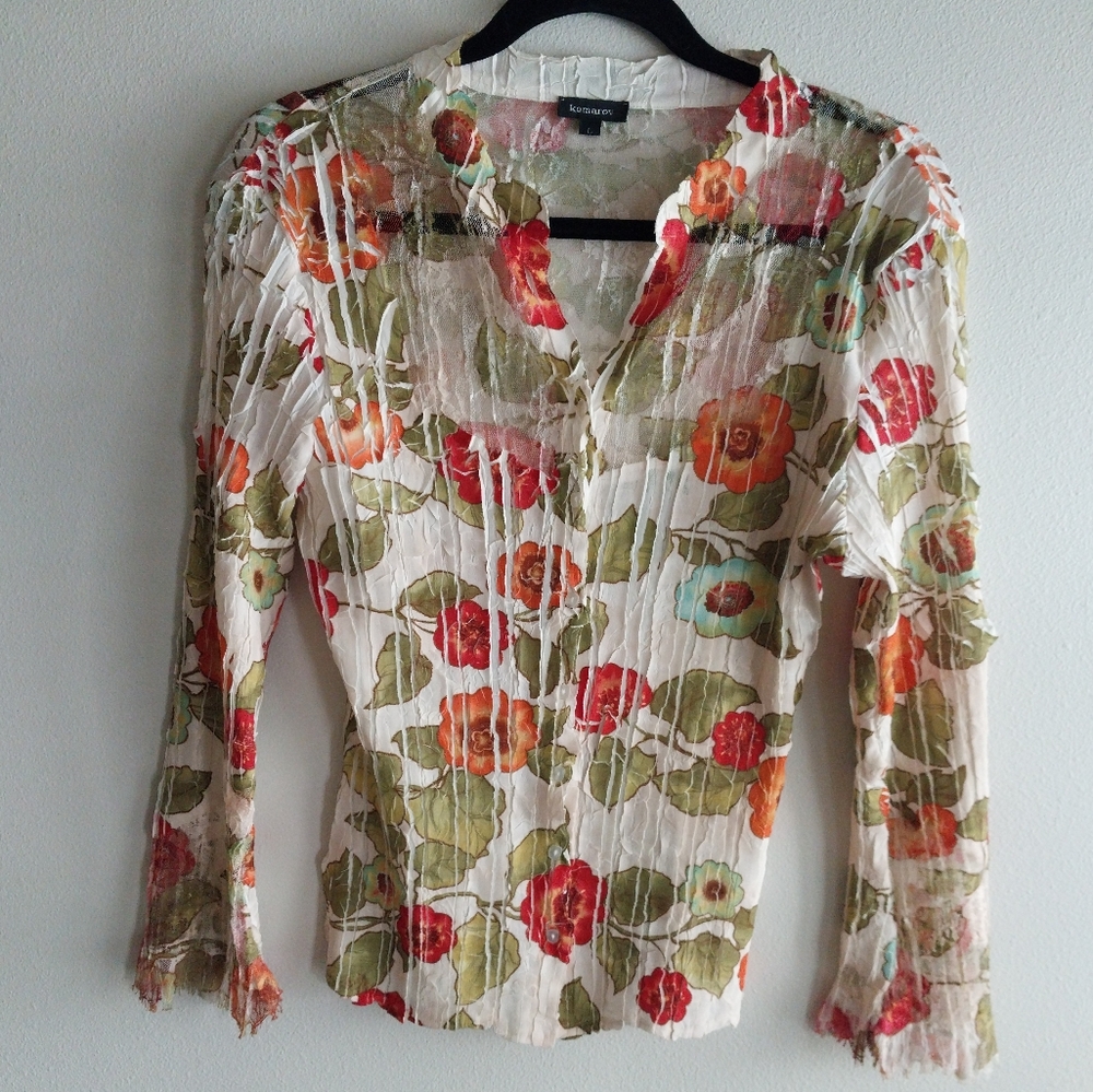 Komarov Multicolor Floral Ruched Crinkle Chiffon 3/4 Sleeve Button Front Blouse